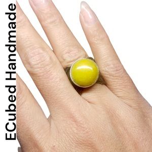 Handmade Genuine Leather Ring with 16mm Natural Lemon Jade Gemstone